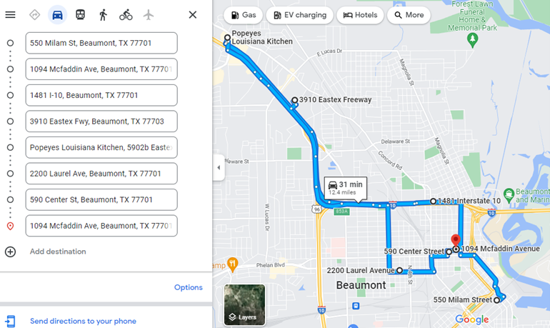 Warming Station Route Map, 550 Milam St, Beaumont TX 77701, 1094 Mcfaddin Ave, Beaumont TX 77701, 1481 I-10, Beaumont TX 77701, 3910 Eastex FWY, Beaumont TX 77703, Popeyes Louisiana Kitchen, 5902b Eastex Fwy, Beaumont TX 77708, 2200 Laurel Ave, Beaumont TX 77701, 590 Center St, Beaumont TX 77701, 1094 Mcfaddin Ave, Beaumont TX 77701,